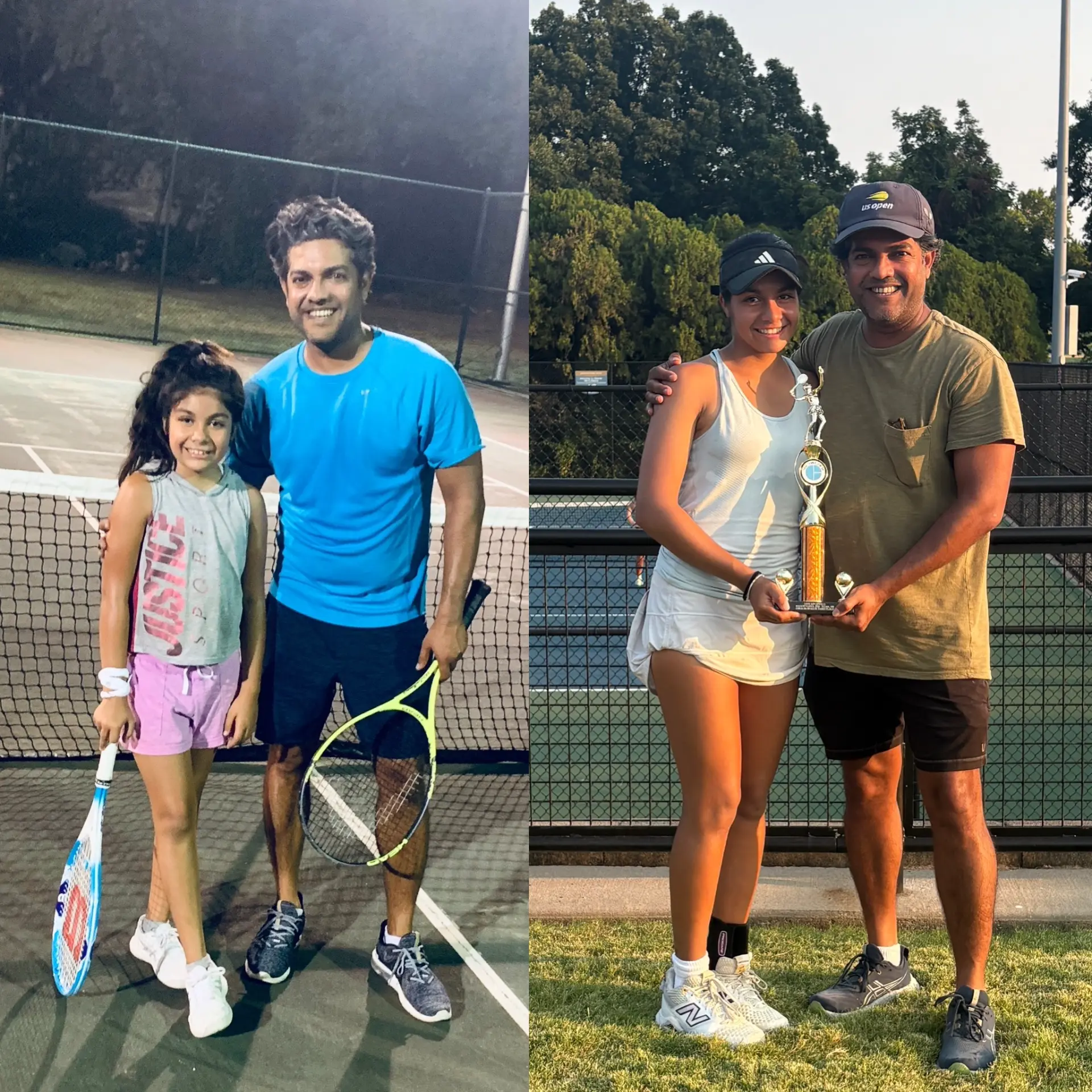 Bob Tripathi and his daughter Isabella at the start of her tennis journey and years later, holding a trophy together