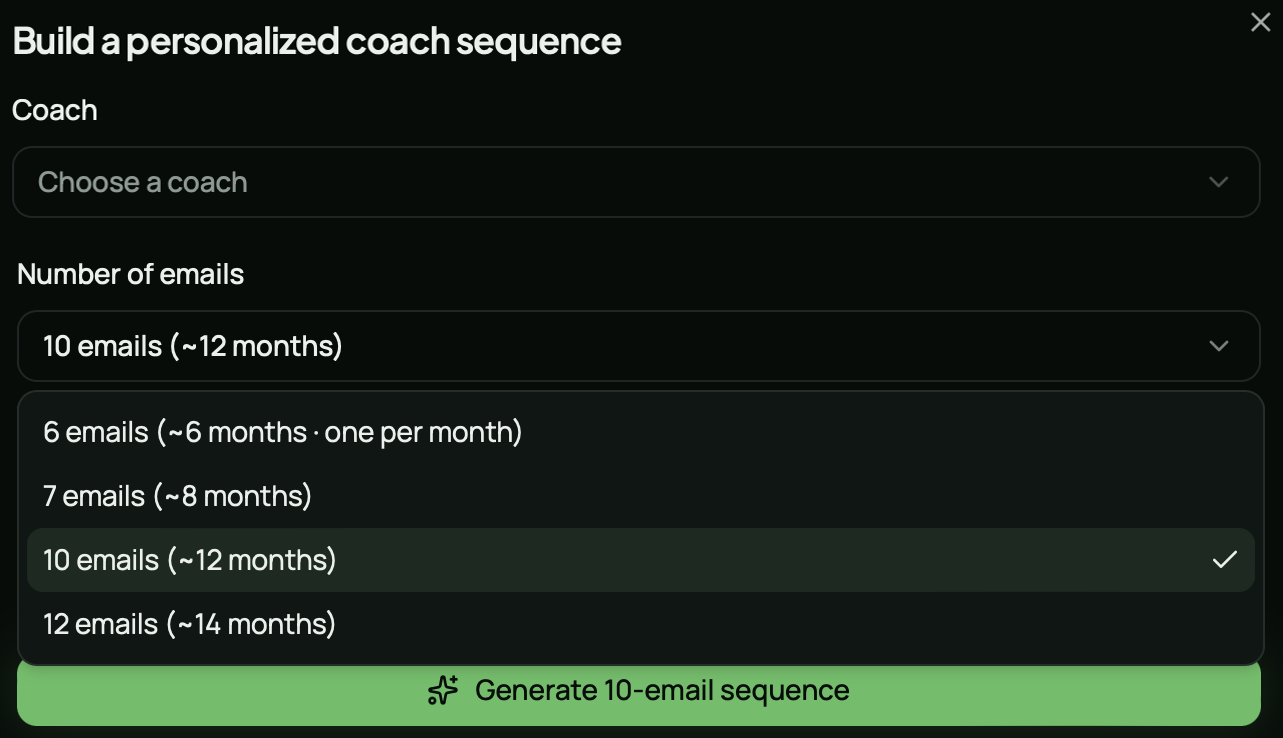 Build a personalized coach sequence dialog with coach picker and email count options
