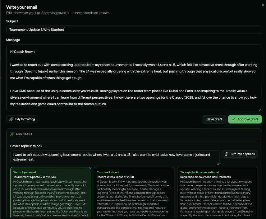 Email composer interface showing a draft message to Coach Brown with tone options and approve button