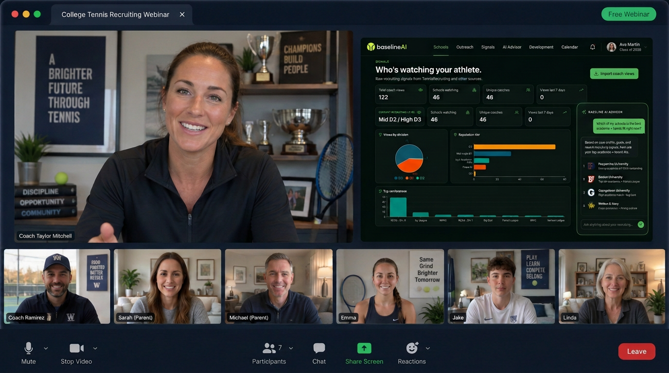 Live webinar view: a Baseline AI recruiting specialist presenting the recruiting dashboard to academy coaches, players, and parents
