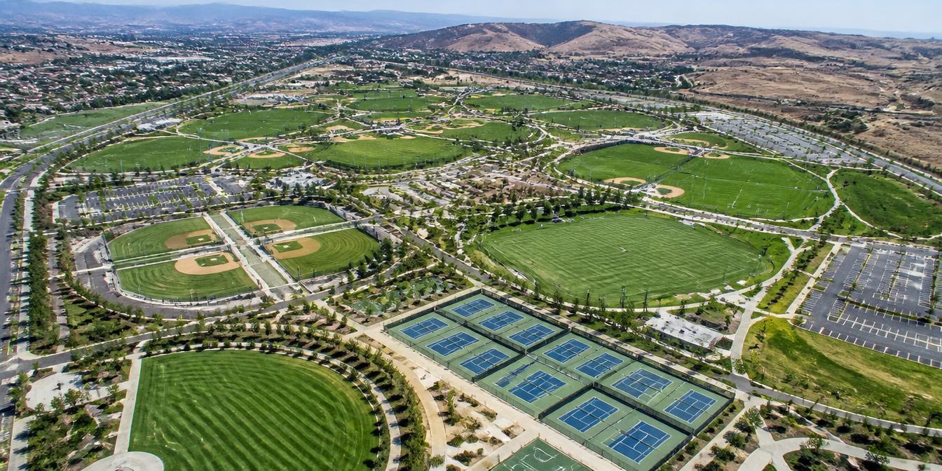 Aerial view of the Great Park Sports Complex in Irvine, California, host venue for the DTS Southern California Showcase